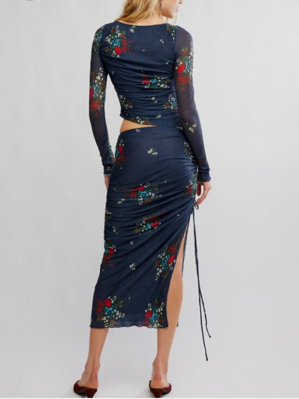 Free People Crimson Nights Set Navy Floral Ruched Midi Skirt And Top NEW - Picture 2 of 6